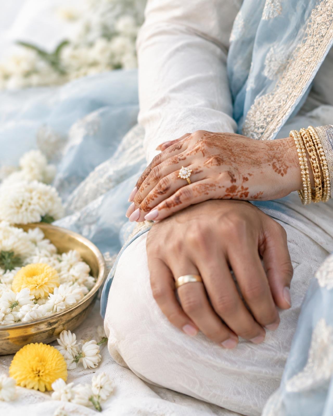 Newly engaged couple's hands with traditional jewellery and flowers